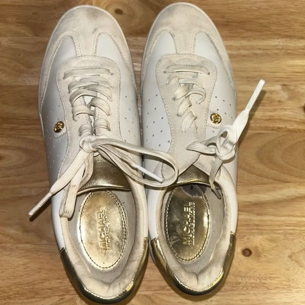 Michael Kors Womens White Leather Gold Accent Sneakers Shoes Size 7M FT24K